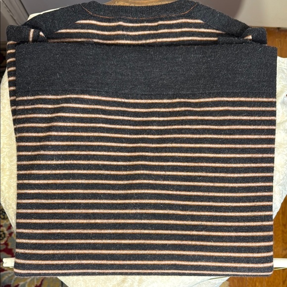 Garret Scott Men's Striped Heather Gray, Tan and Red Striped Merino Wool Sweater - Picture 4 of 7